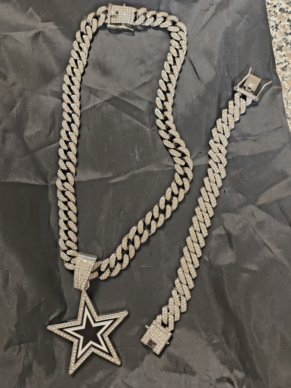 Dallas Cowboys Silver Cuban Link Necklace & Bracelet Set with Star Pendant